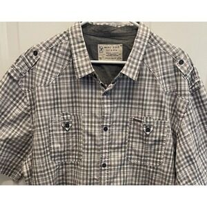 Marc‎ Ecko Cut/Sew Mens 2XL Gray Plaid Button Up Short Sleeve Military Utilitary